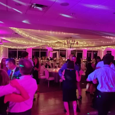 A photo showing a well-lit place filled with people